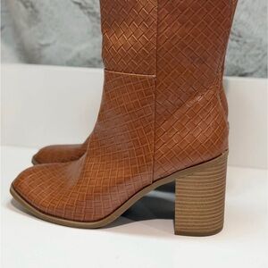 Brown Woven Leather Block Heel Boots